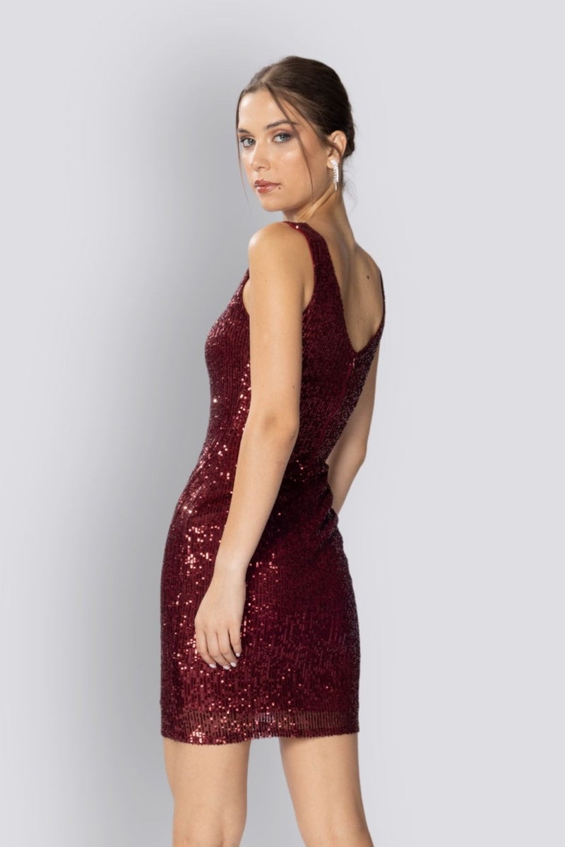 HOX'S Candice | Sequined Mini Slim Dress V Neck Sleeveless Backless - Claret Red  - Image 5