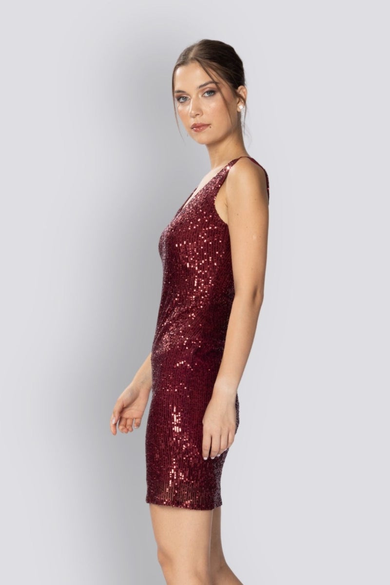 HOX'S Candice | Sequined Mini Slim Dress V Neck Sleeveless Backless - Claret Red  - Image 4
