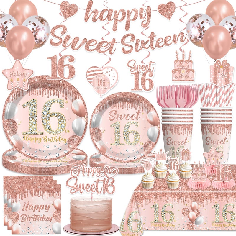 cocomigo زينة حفلة Sweet 16 من cocomigo باللون الوردي مع قمة كعكة 25 خدمة مجموعة أدوات المائدة القابلة للتصرف مع 2 قطعة من غطاء الطاولة مع قمة كعكة وزينة مركزية لافتة لحفلة عيد ميلاد الفتيات - Image 2