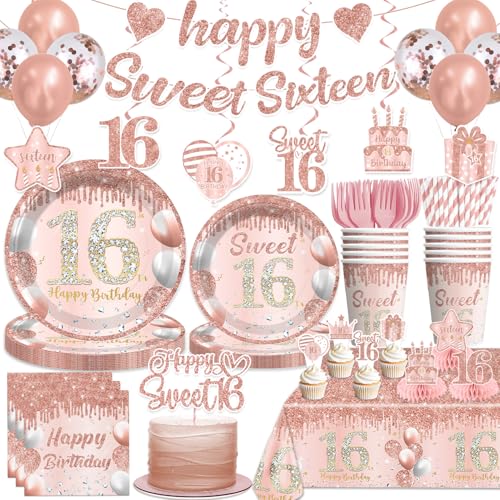 cocomigo زينة حفلة Sweet 16 من cocomigo باللون الوردي مع قمة كعكة 25 خدمة مجموعة أدوات المائدة القابلة للتصرف مع 2 قطعة من غطاء الطاولة مع قمة كعكة وزينة مركزية لافتة لحفلة عيد ميلاد الفتيات - Image 1