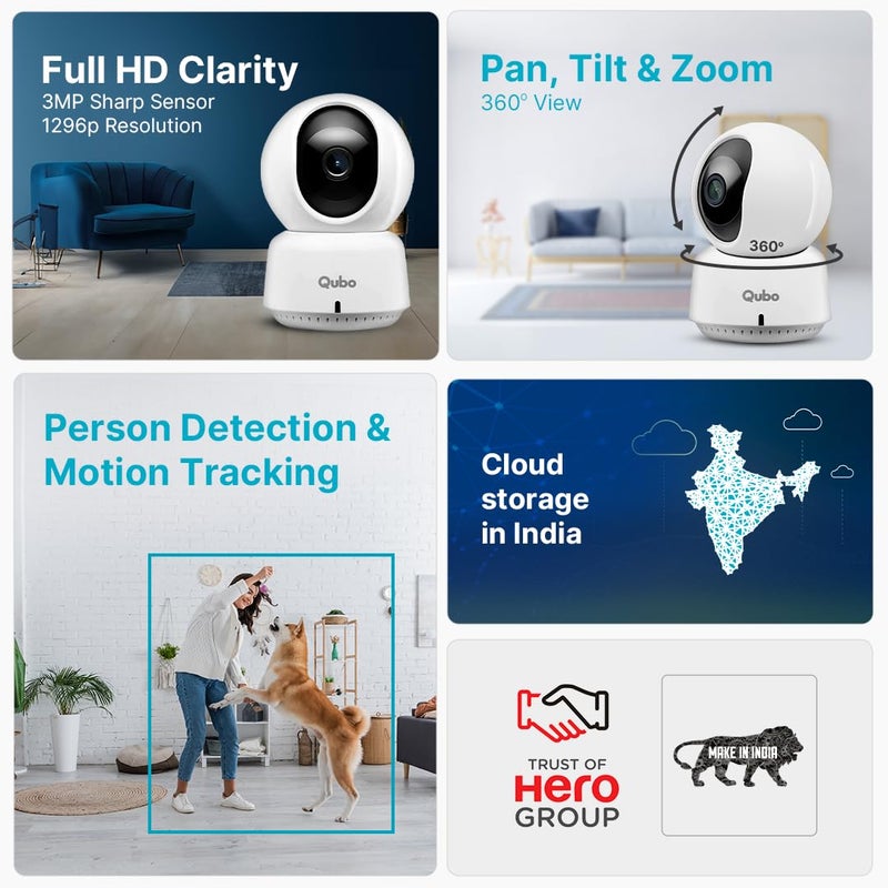 Qubo Smart 360 2K 3MP 1296p WiFi CCTV Security Camera from Hero Group Mobile App Two Way Talk Night Vision Cloud SD Card Recording Made in India Alexa OK Google 3MP - Image 2
