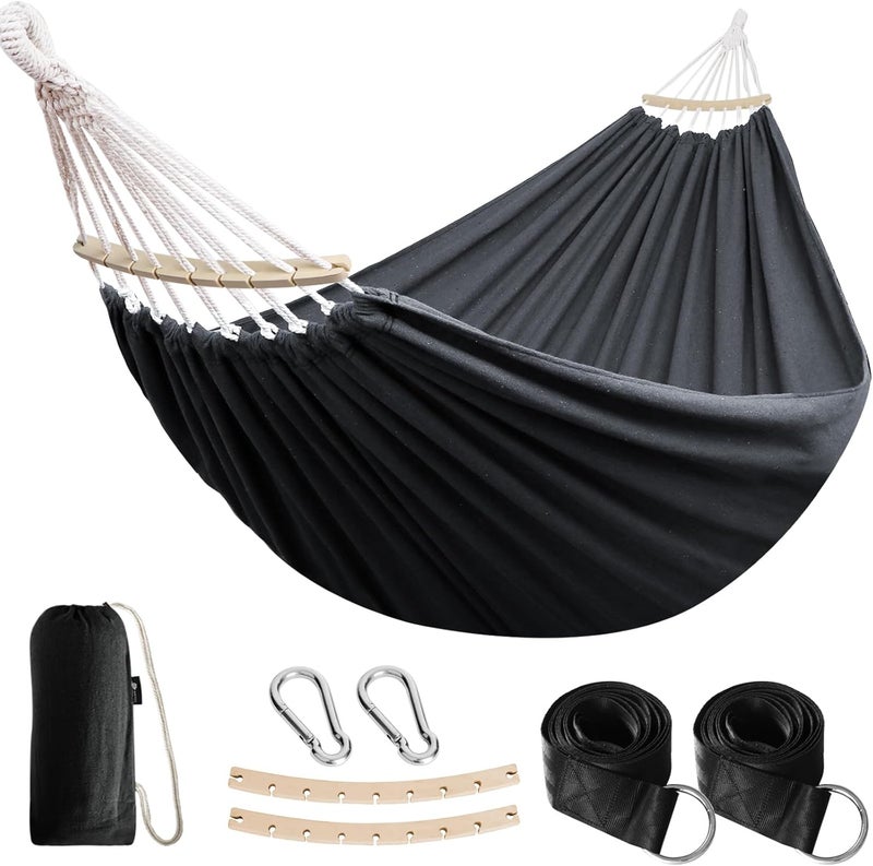 Anyoo Garden Cotton Hammock with 40CM Curved Wooden Bar Portable Comfortable Hammock with Compact Travel Bag,Perfect for Indoor/Outdoor Patio Yard Dary Gray - Image 1