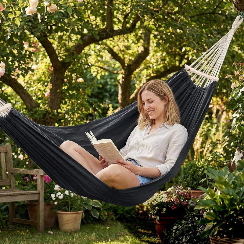 Anyoo Garden Cotton Hammock with 40CM Curved Wooden Bar Portable Comfortable Hammock with Compact Travel Bag,Perfect for Indoor/Outdoor Patio Yard Dary Gray - Image 5