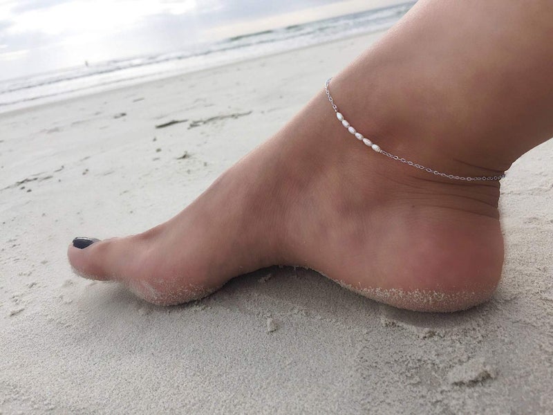 Mevecco Freshwater Pearl Anklet,Sterling Silver 14K Silver Filled Boho Pearl Dainty Handmade Beaded Cute Tiny Charm Beach Ankle Bracelet Foot Chain Anklet for Women - Image 3