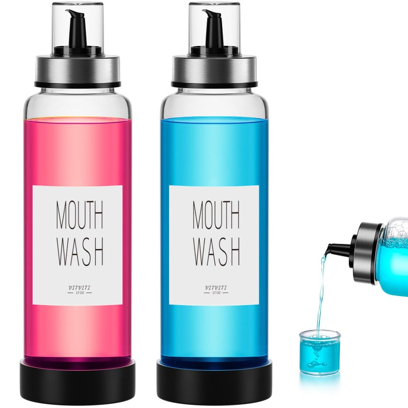 موزع غسول الفم VITVITI لحمام زجاجي حاوية غسول الفم مع غطاء كوب 17 أونصة زجاجة غسول فم قابلة لإعادة التعبئة مع وسادة سيليكون مجموعة من 2