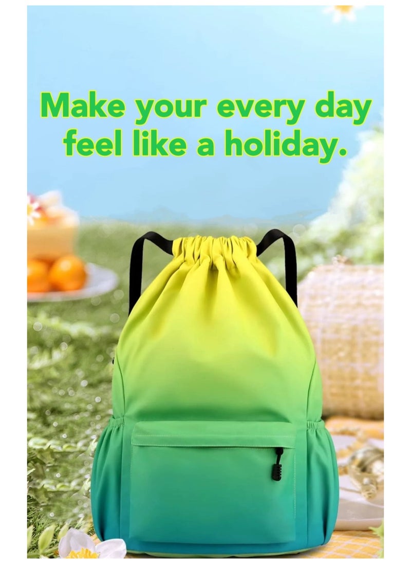 Ayeeb - Green Rainbow Drawstring Style Sack Pack Backpack Lightweight Design,Multifunctional Portable Large Storage Machine Washable Gradient Travel Bag for All Purposes, Durable Rainproof with Zipper Pocket - Image 1