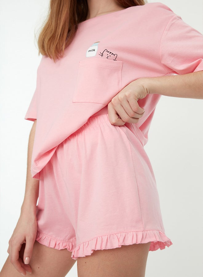 trendyol Pink Cotton Printed T-shirt-Shorts Knitted Pajama Set THMSS22PT0422 - Image 3