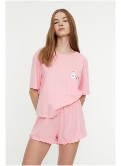 Pink Cotton Printed T-shirt-Shorts Knitted Pajama Set THMSS22PT0422