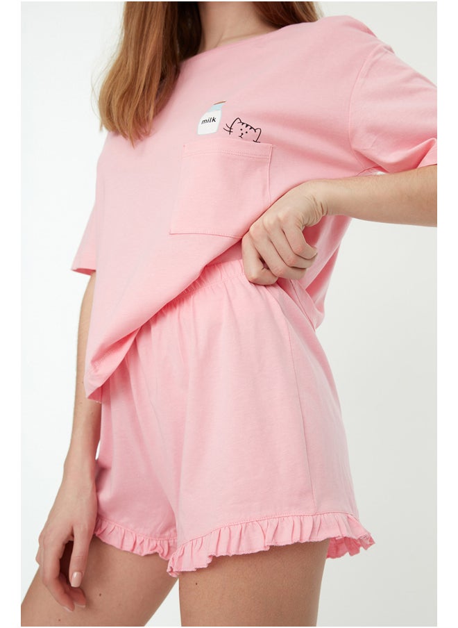 trendyol - Pink Cotton Printed T-shirt-Shorts Knitted Pajama Set THMSS22PT0422 - Image 1