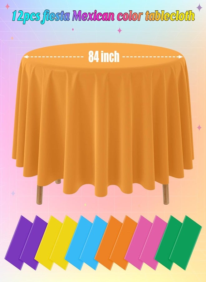 MASHAN 12 Pcs Round Cinco De Mayo Fiesta Tablecloths, Plastic Fiesta Table Cloth Multi Colored Disposable Round Table Covers for Taco Night,Dia De Los Muertos, Mexican Themed Party Decorations, 84 Inch - Image 2