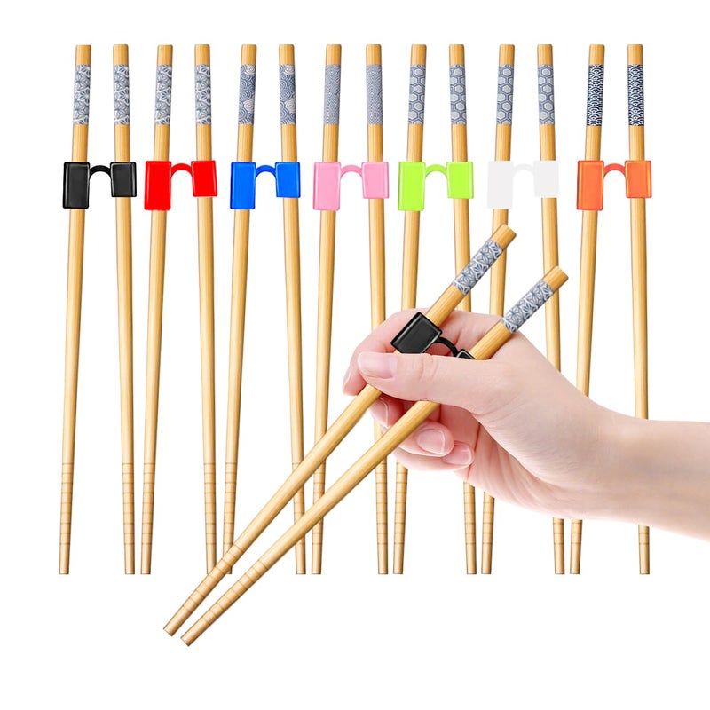 EAEDMY 7 Pairs Training Kid Adult Chopsticks and Trainers for Beginners, Japanese Wooden Beginners Training Chopsticks Helpers Set, Reusable, Dishwasher Safe, L8.86Inch (2.Japanese pattern B) - Image 1