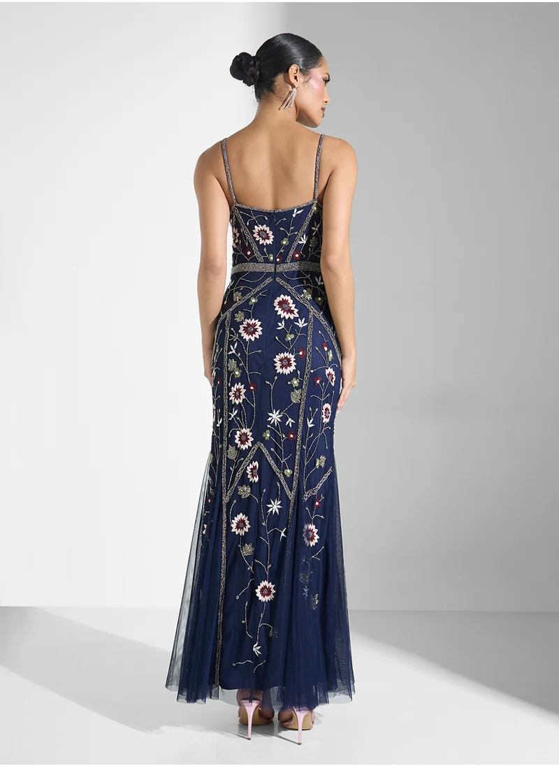 Namshi x Beaded Evening Dress With Floral Motif