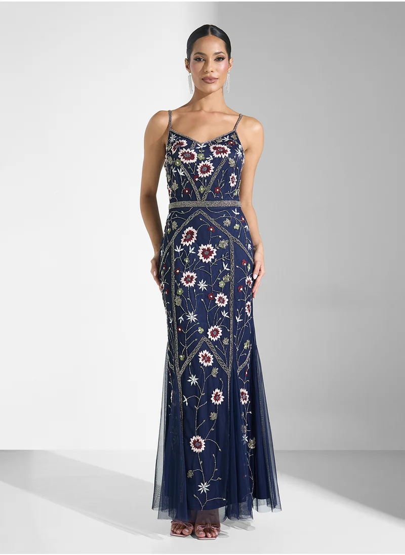 Namshi x Beaded Evening Dress With Floral Motif