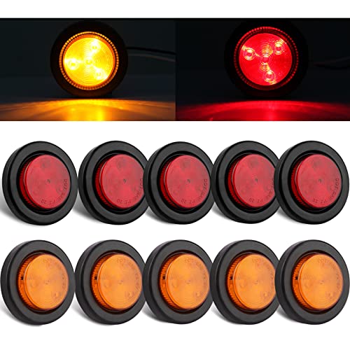Jamarco 10Pcs 2 Inch Round LED Side Marker Clearance Lights for Trailers, 5 Amber and 5 Red Sealed 2 Round LED Trailer Marker Lights 4 LEDs w/Rubber Grommet Flush Mount 2 Wire Pigtails Truck RV Waterproof - Image 1