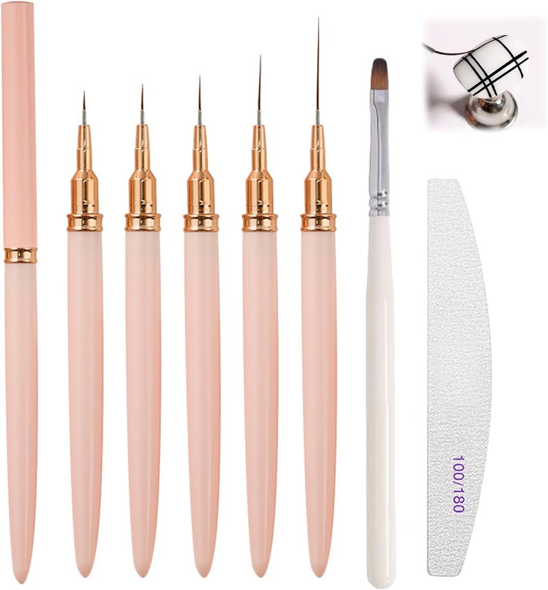 7Pcs Nail Art Liner Brushes Set 5791525mm Long Fine Detail Brushes RoundHead Pens Nail File for Precise Salon Design Pink