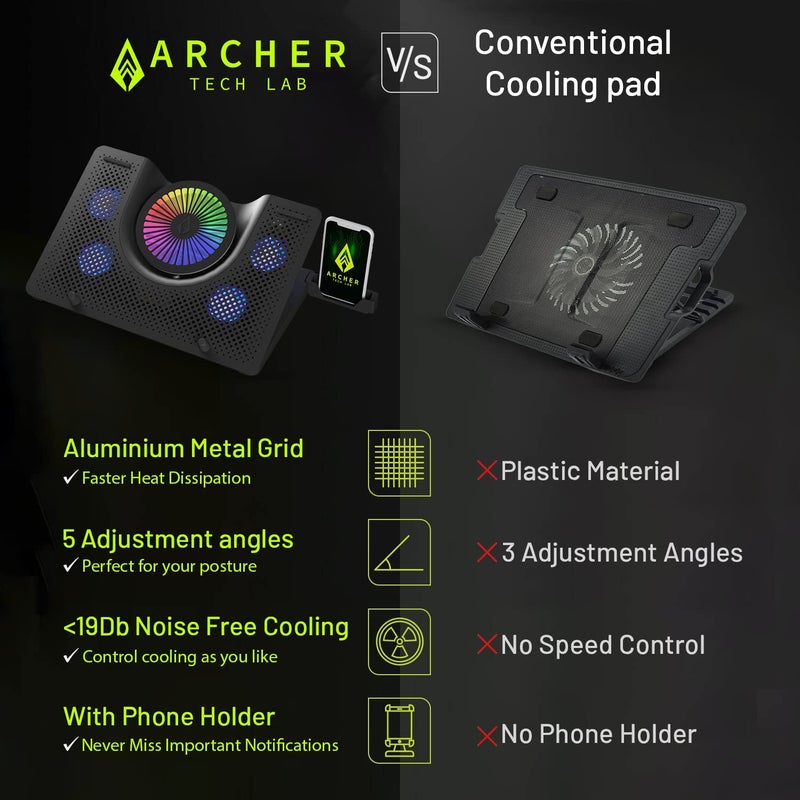 Archer Tech Lab حامل وسادة تبريد للكمبيوتر المحمول للألعاب مع إضاءة RGB، شبكة معدنية من الألمنيوم، 5 مراوح تبريد توربينية، 5 زوايا قابلة للتعديل، حامل هاتف، يدعم حتى 17" كمبيوتر محمول للألعاب والعمل (Squall 100) - Image 4