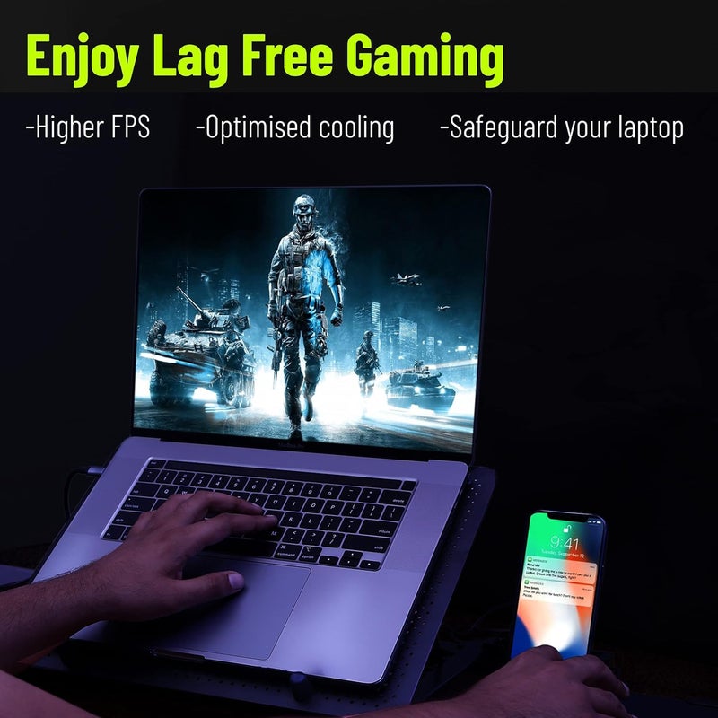 Archer Tech Lab حامل وسادة تبريد للكمبيوتر المحمول للألعاب مع إضاءة RGB، شبكة معدنية من الألمنيوم، 5 مراوح تبريد توربينية، 5 زوايا قابلة للتعديل، حامل هاتف، يدعم حتى 17" كمبيوتر محمول للألعاب والعمل (Squall 100) - Image 2