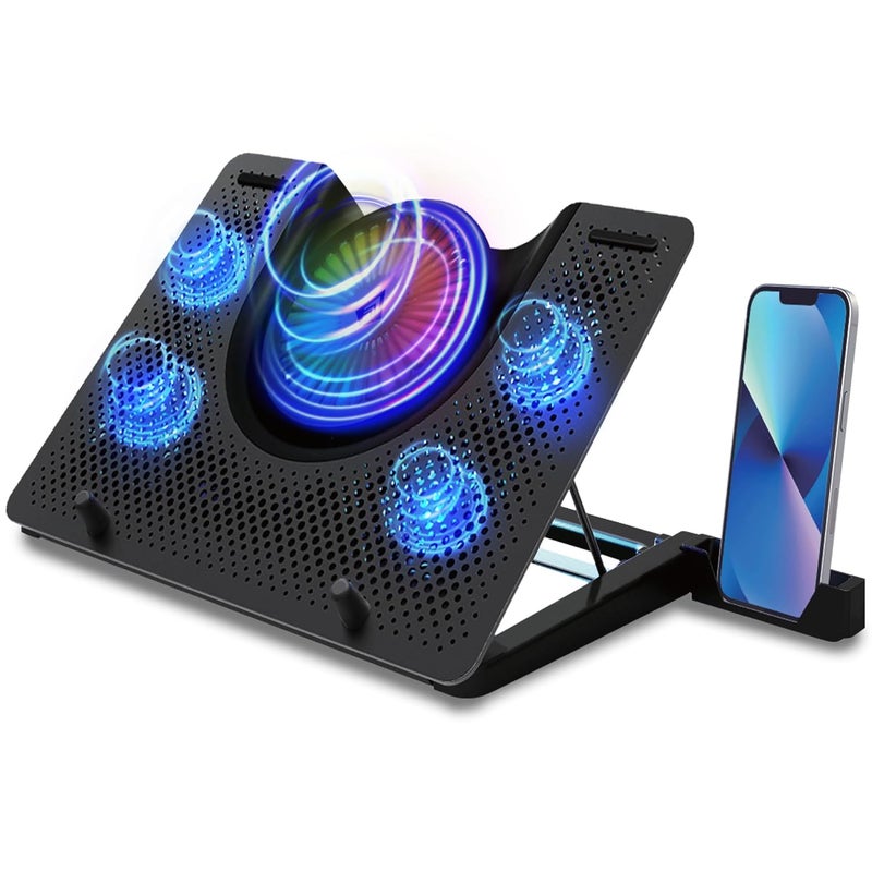 Archer Tech Lab حامل وسادة تبريد للكمبيوتر المحمول للألعاب مع إضاءة RGB، شبكة معدنية من الألمنيوم، 5 مراوح تبريد توربينية، 5 زوايا قابلة للتعديل، حامل هاتف، يدعم حتى 17" كمبيوتر محمول للألعاب والعمل (Squall 100) - Image 1