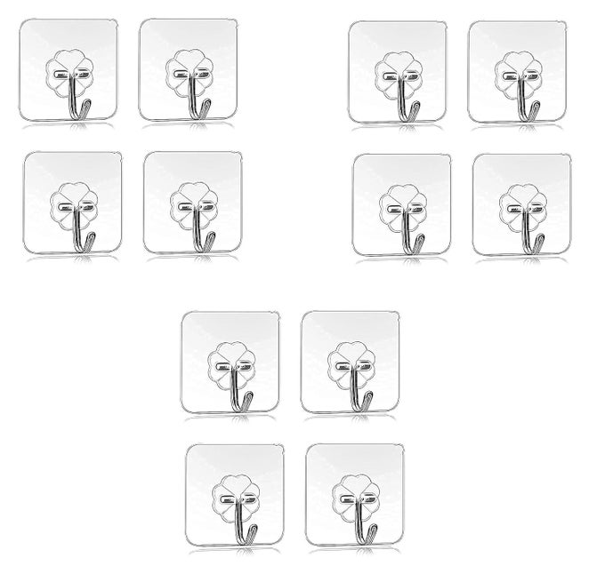 SET OF 12 SELF ADHESIVE STRONG TRANSPARENT WATERPROOF WALL CLIP HANGER STEEL HOOKS FOR BATHROOMS KITCHEN BEDROOMS CLOSETS LIVING ROOM TOILET OFFICE SCHOOL SHOWROOM UPTO 25KGMAX