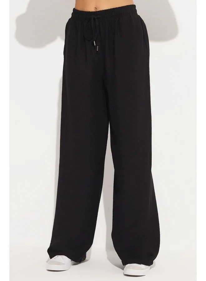 جون June Women Exclusive Elastic Waist Wide Leg Viscose Trouser Black