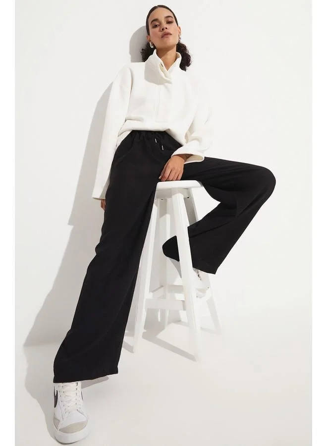 جون June Women Exclusive Elastic Waist Wide Leg Viscose Trouser Black
