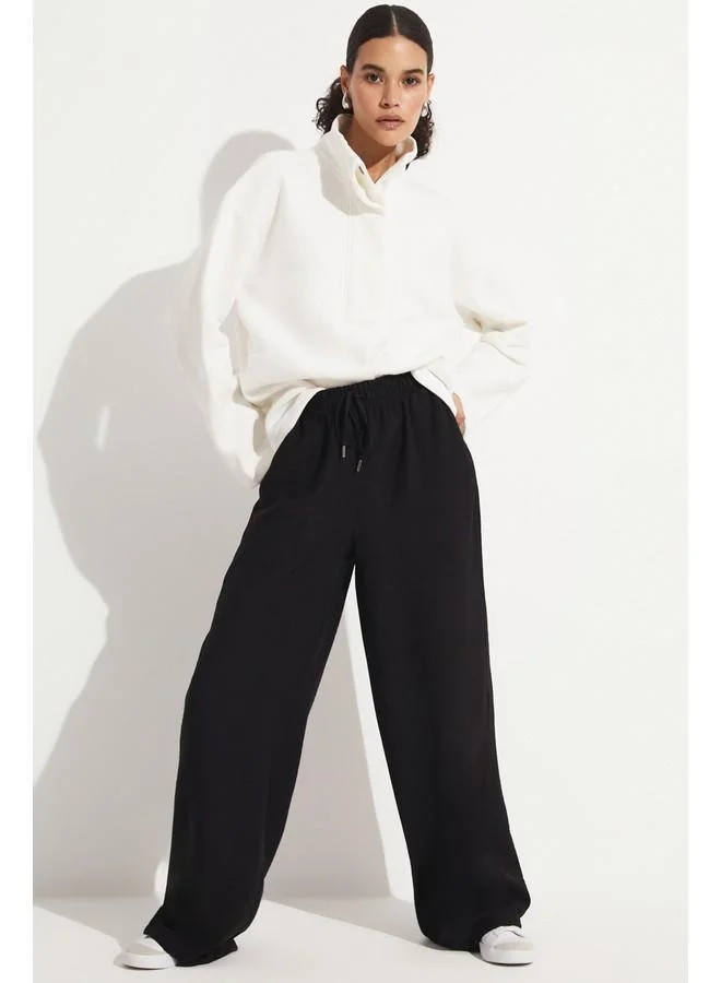 جون June Women Exclusive Elastic Waist Wide Leg Viscose Trouser Black