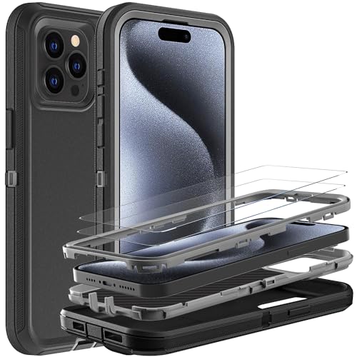 YKHJKLEC for iPhone 15 Pro Case Military Grade 3 in 1 Heavy Duty ShockproofDrop ProofDust Proof Case with 2Pcs Tempered Glass Screen Protector BlackGrey - Image 1