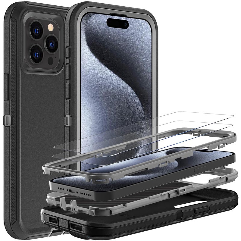 YKHJKLEC for iPhone 15 Pro Case Military Grade 3 in 1 Heavy Duty ShockproofDrop ProofDust Proof Case with 2Pcs Tempered Glass Screen Protector BlackGrey - Image 3