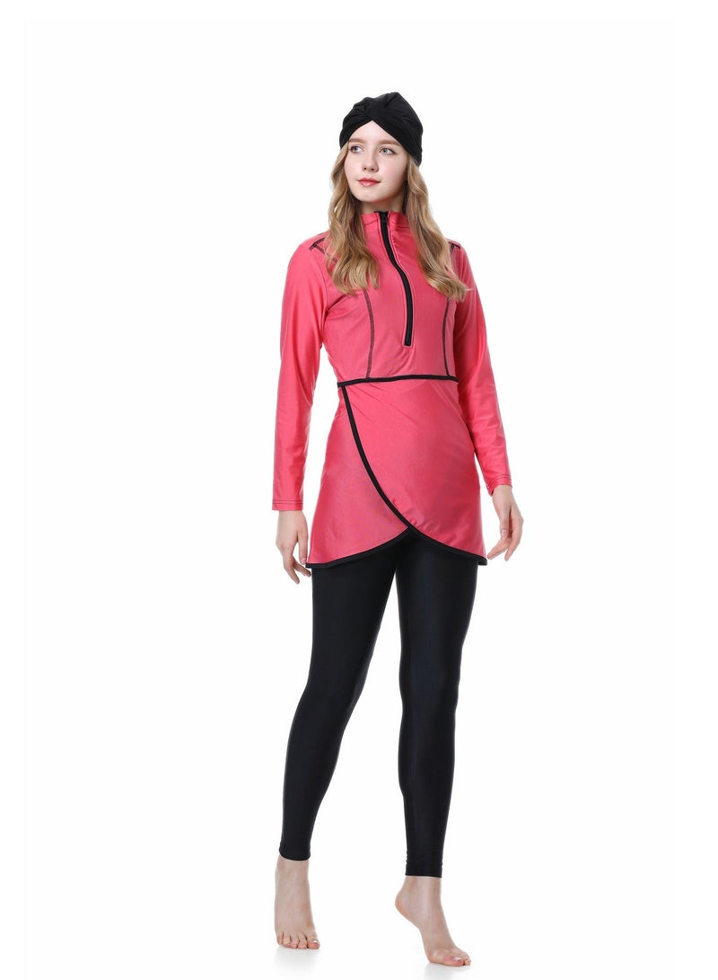 Long Sleeve Muslim Modest Swimwear Set 3-Piece Breathable Sun Protection Swimsuit with Chest Pad Top Pants and Swim Cap for Beach Surfing Outdoor Swimming - Image 2