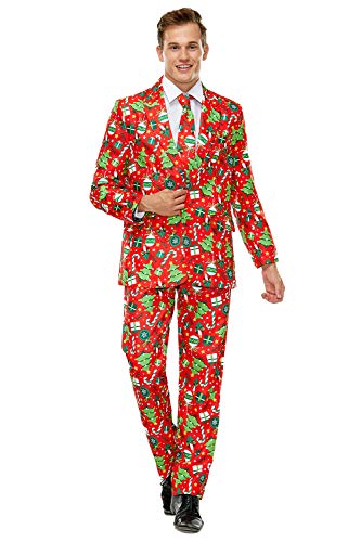 U LOOK UGLY TODAY Men's Christmas Party Suit Funny Costume Novelty Xmas Jacket Trousers with Tie Rocking Festive Flourishes in Red Large - Image 1