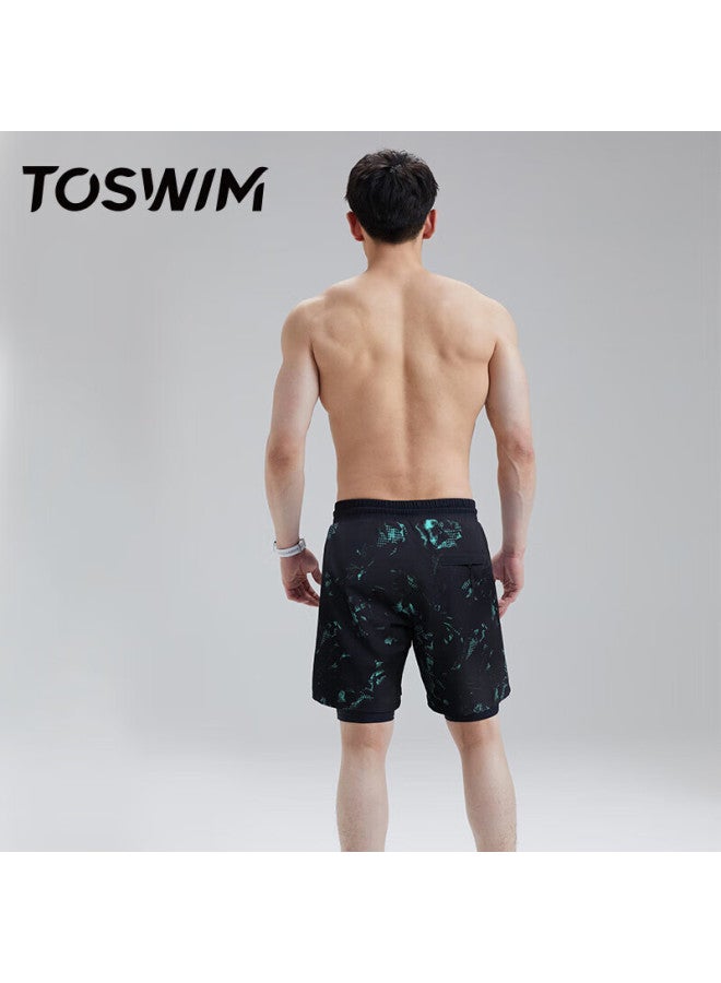 Toswim Men's Swimming Trunks, Double-layer Knee-length, Anti-embarrassment, Suitable For Water Activities, Loose Beach Shorts, Green Light Sea, Size L - Image 3
