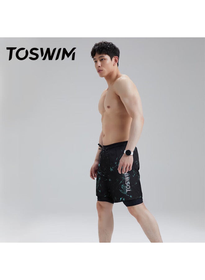 Toswim Men's Swimming Trunks, Double-layer Knee-length, Anti-embarrassment, Suitable For Water Activities, Loose Beach Shorts, Green Light Sea, Size L - Image 2