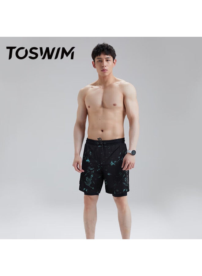 Toswim Men's Swimming Trunks, Double-layer Knee-length, Anti-embarrassment, Suitable For Water Activities, Loose Beach Shorts, Green Light Sea, Size L - Image 1