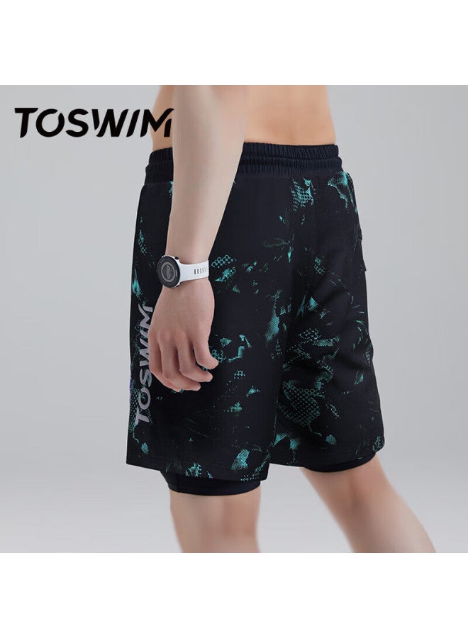 Toswim Men's Swimming Trunks, Double-layer Knee-length, Anti-embarrassment, Suitable For Water Activities, Loose Beach Shorts, Green Light Sea, Size L - Image 5
