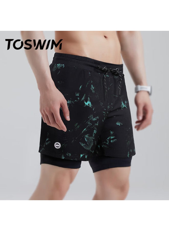 Toswim Men's Swimming Trunks, Double-layer Knee-length, Anti-embarrassment, Suitable For Water Activities, Loose Beach Shorts, Green Light Sea, Size L - Image 4