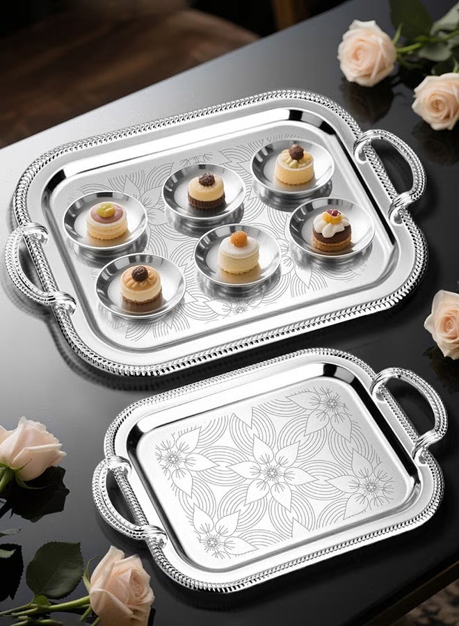 WALALLA 3pc Tray with handle, high-end flower texture, gold trim,snack and afternoon saucer tray, candle holder tray, coffee set tray, storage tray,Place tableware, coffee utensils, or jewelry, for hotels, afternoon tea, parties, living room, office, silver, Stainless Steel - Image 4