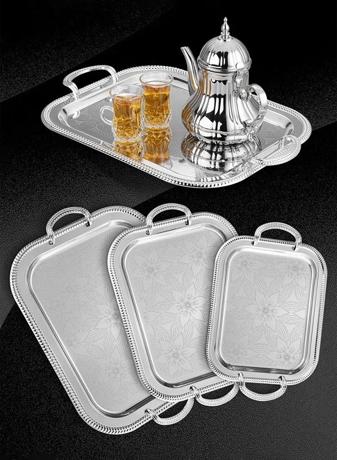 WALALLA 3pc Tray with handle, high-end flower texture, gold trim,snack and afternoon saucer tray, candle holder tray, coffee set tray, storage tray,Place tableware, coffee utensils, or jewelry, for hotels, afternoon tea, parties, living room, office, silver, Stainless Steel - Image 5