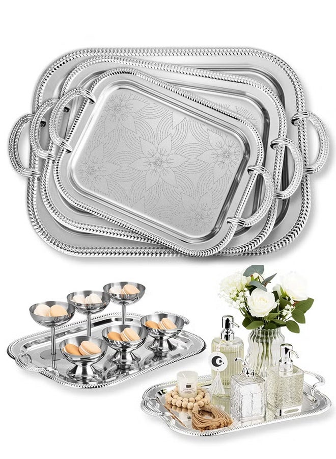 WALALLA 3pc Tray with handle, high-end flower texture, gold trim,snack and afternoon saucer tray, candle holder tray, coffee set tray, storage tray,Place tableware, coffee utensils, or jewelry, for hotels, afternoon tea, parties, living room, office, silver, Stainless Steel - Image 1