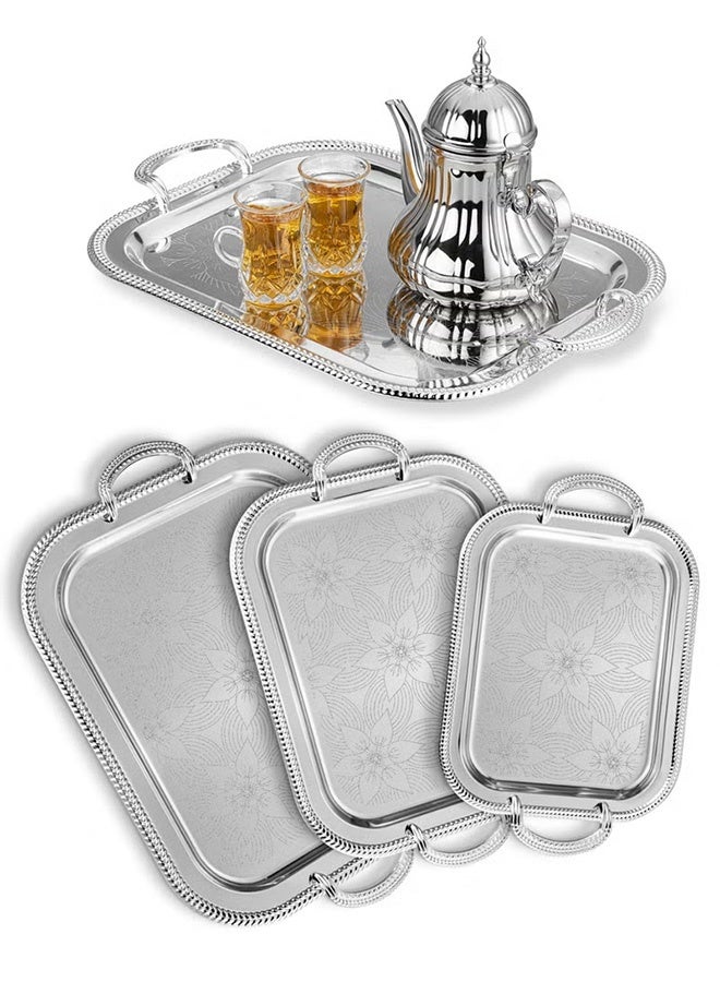 WALALLA 3pc Tray with handle, high-end flower texture, gold trim,snack and afternoon saucer tray, candle holder tray, coffee set tray, storage tray,Place tableware, coffee utensils, or jewelry, for hotels, afternoon tea, parties, living room, office, silver, Stainless Steel - Image 3