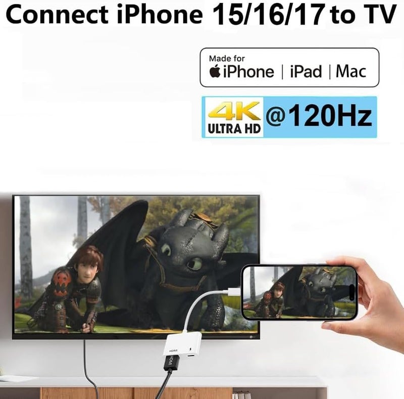 Wahbite Apple USB-C to HDMI Adapter 4K@120Hz for iPhone 15 16 MacBook Pro Air iPad Pro, MFi Certified USB 3.1 Type C Digital AV HDMI 2.0 Cord Compatible with Samsung Galaxy S25/S24/S23 and More - Image 2
