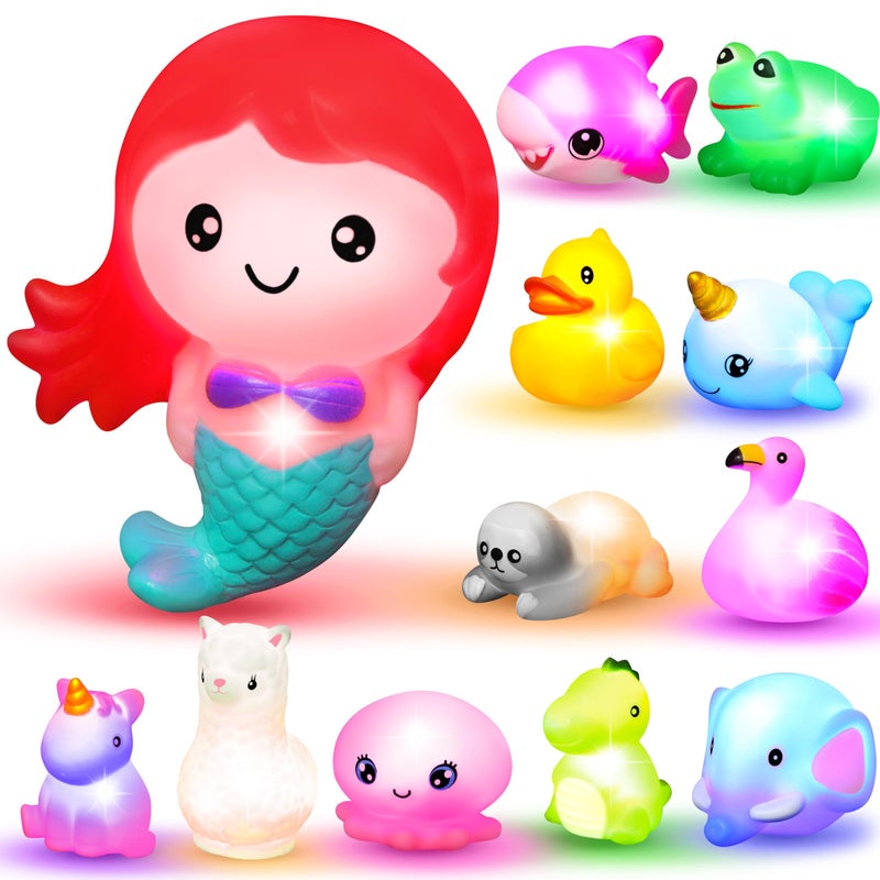 JOYIN 12 PCS Light Up Bath Toys, Toddler Flashing Colourful LED Bathtub Mermaid Toy, Baby Bathtime Floating Rubber Shower Gifts for Infant Kids Boy Girl Valentines Easter Gifts Swimming Pool Party - Image 1