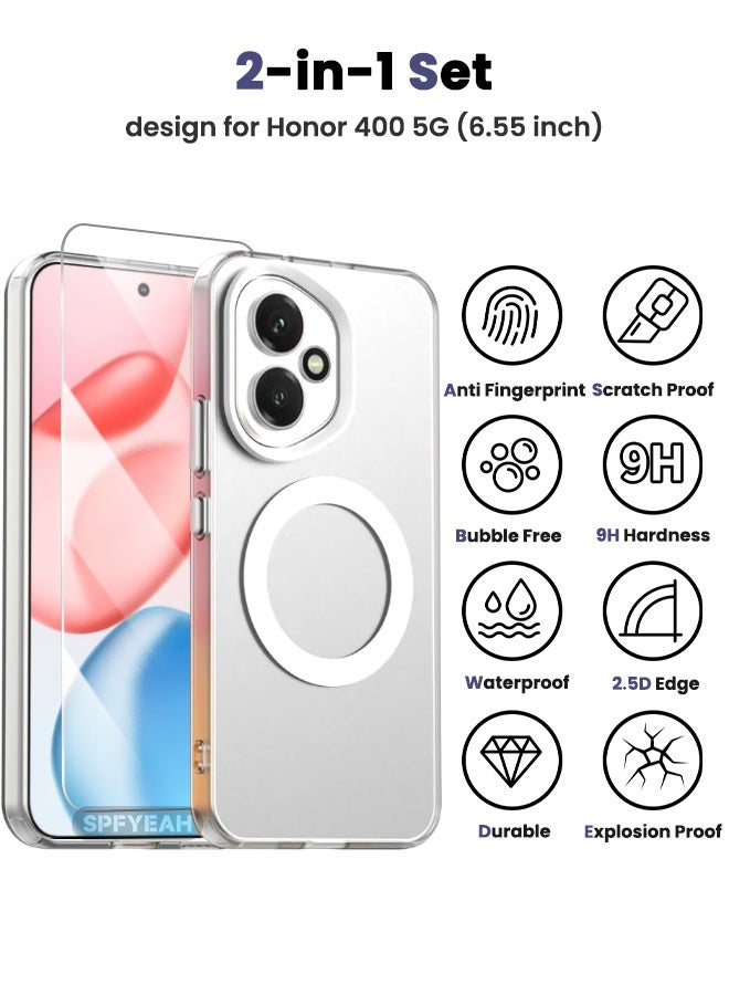 SPFYEAH [2-in-1] Honor 400 Case with HD Tempered Glass Screen Protector, [Anti-Drop Shockproof][Anti-Slip][No Yellowing][Skin Friendly] Slim Hard Frosted Case for Honor 400 5G 6.55 inch, White - Image 2