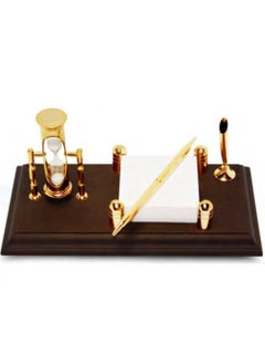 Vitacelli Wood Based Pen Stand with Three Minute Sand Timer and Card Holder Brown And Gold  - Image 1