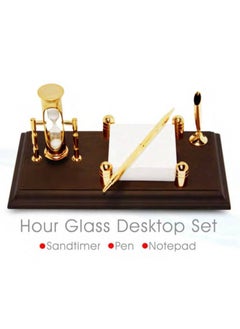 Vitacelli Wood Based Pen Stand with Three Minute Sand Timer and Card Holder Brown And Gold  - Image 2
