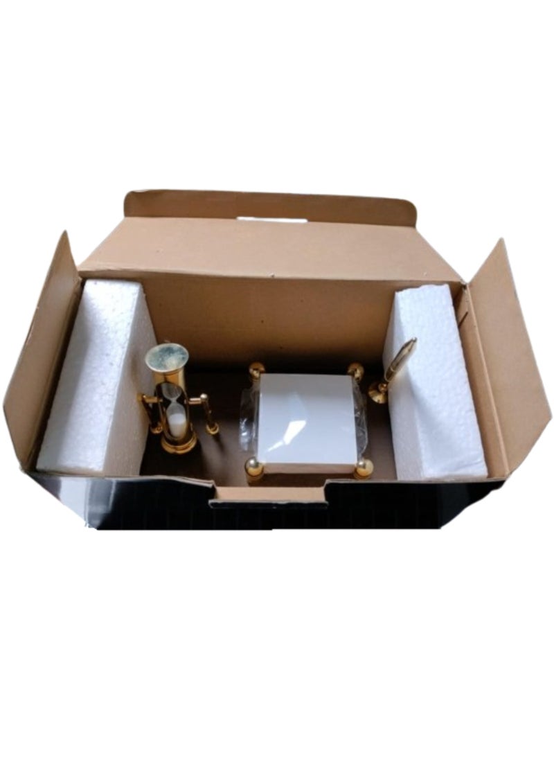 Vitacelli Wood Based Pen Stand with Three Minute Sand Timer and Card Holder Brown And Gold  - Image 4