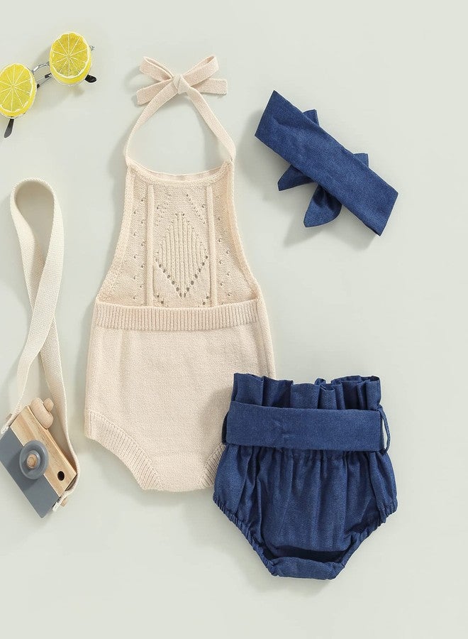 BULINGNA Baby Girl Summer Outfit Sleeveless Halter Neck Knitted Romper + Denim Shorts + Bow Headband Newborn Infant Clothes (Blue, 6-12 Months) - Image 4