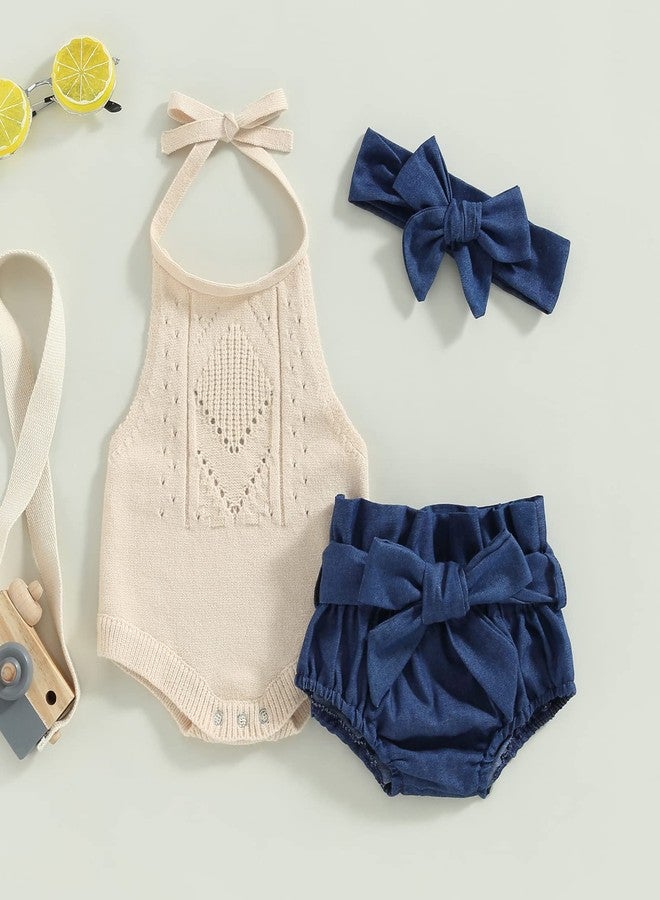 BULINGNA Baby Girl Summer Outfit Sleeveless Halter Neck Knitted Romper + Denim Shorts + Bow Headband Newborn Infant Clothes (Blue, 6-12 Months) - Image 2