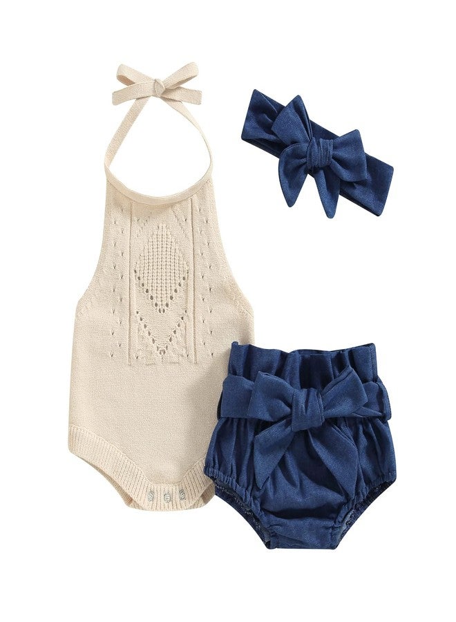 BULINGNA Baby Girl Summer Outfit Sleeveless Halter Neck Knitted Romper + Denim Shorts + Bow Headband Newborn Infant Clothes (Blue, 6-12 Months) - Image 1