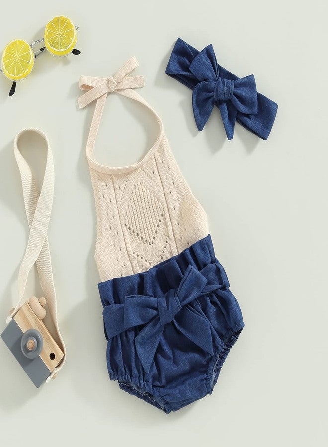 BULINGNA Baby Girl Summer Outfit Sleeveless Halter Neck Knitted Romper + Denim Shorts + Bow Headband Newborn Infant Clothes (Blue, 6-12 Months) - Image 3
