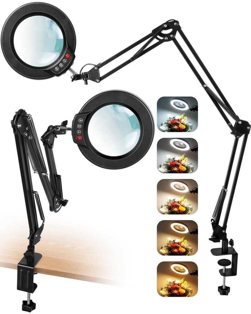 Krstlv 10X Magnifying Glass with Light and Clamp, Ultra Long 3 Section Swing Arm LED Desk Lamp, Real Glass Lens, 5 Color Modes Dimmable, Hands Free Lighted Magnifier with Stand for Repair Craft Close Work - Image 1